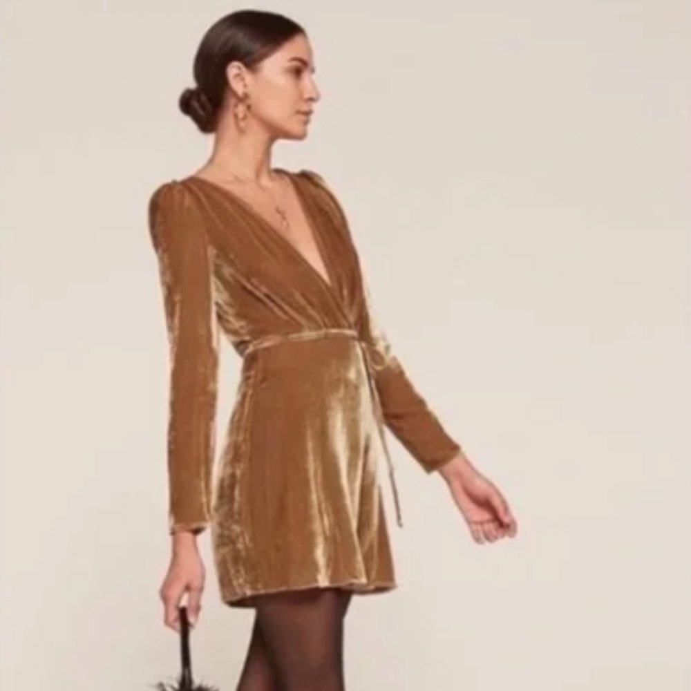 Reformation Chrissy Dress XS Gold Velvet Wrap Holiday Collection - Picture 1 of 5